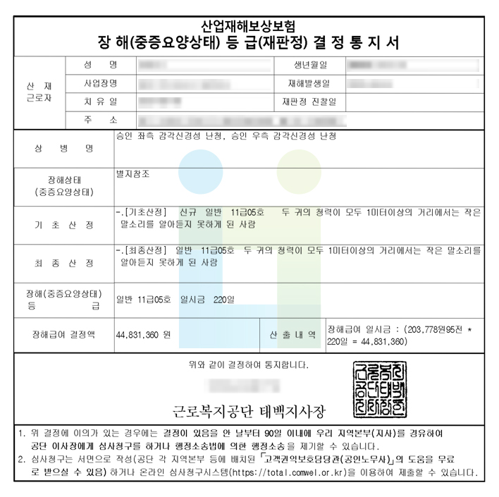 약 40년 전 근무 이력 인정 받아 소음성 난청 승인